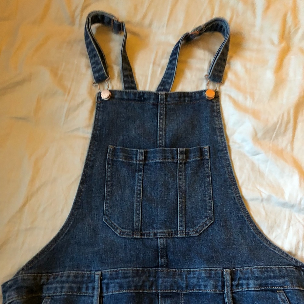 Dark wash denim overalls